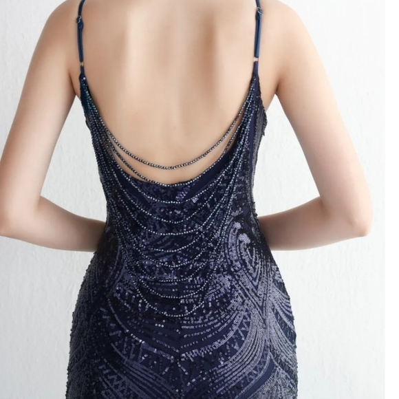 Navy, Geo Print, Sleeveless, Beaded Draped Back, Contrast Sequined Merm… - Picture 8 of 13